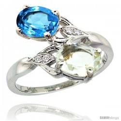 14k White Gold ( 8x6 mm ) Double Stone Engagement Green Amethyst & Swiss Blue Topaz Ring w/ 0.04 Carat Brilliant Cut Diamonds