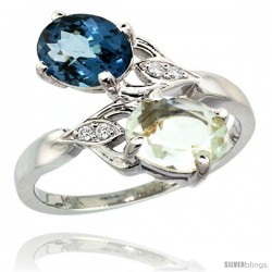 14k White Gold ( 8x6 mm ) Double Stone Engagement Green Amethyst & London Blue Topaz Ring w/ 0.04 Carat Brilliant Cut Diamonds