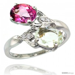 14k White Gold ( 8x6 mm ) Double Stone Engagement Green Amethyst & Pink Topaz Ring w/ 0.04 Carat Brilliant Cut Diamonds & 2.34