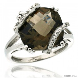 10k White Gold Diamond Smoky Topaz Ring 7.5 ct Cushion Cut 12 mm Stone, 1/2 in wide