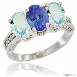 10K White Gold Natural Tanzanite & Aquamarine Sides Ring 3-Stone Oval 7x5 mm Diamond Accent