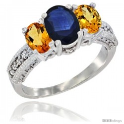 14k White Gold Ladies Oval Natural Blue Sapphire 3-Stone Ring with Citrine Sides Diamond Accent