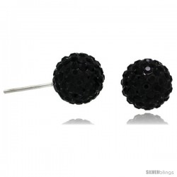 Sterling Silver 10mm Round Black Disco Crystal Ball Stud Earrings