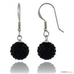 Sterling Silver 10mm Round Black Disco Crystal Ball Fish Hook Earrings, 1 1/4 in. (31 mm) tall