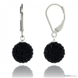 Sterling Silver 10mm Round Black Disco Crystal Ball Lever Back Earrings, 1 1/8 in. (28 mm) tall