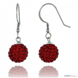 Sterling Silver 10mm Round Red Disco Crystal Ball Fish Hook Earrings, 1 1/4 in. (31 mm) tall