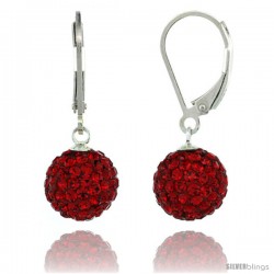 Sterling Silver 10mm Round Red Disco Crystal Ball Lever Back Earrings, 1 1/8 in. (28 mm) tall