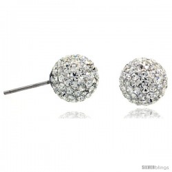 Sterling Silver 10mm Round White Disco Crystal Ball Stud Earrings