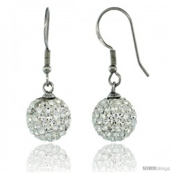 Sterling Silver 10mm Round White Disco Crystal Ball Fish Hook Earrings, 1 1/4 in. (31 mm) tall