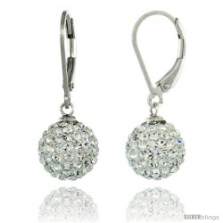 Sterling Silver 10mm Round White Disco Crystal Ball Lever Back Earrings, 1 1/8 in. (28 mm) tall