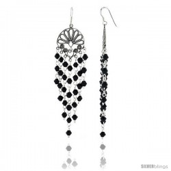 Sterling Silver Fan-shaped Dangle Chandelier Earrings w/ Black Crystals, 3 1/16" (79 mm) tall