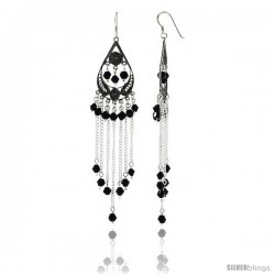 Sterling Silver Pear-shaped Dangle Chandelier Earrings w/ Black Crystals, 3 5/8" (92 mm) tall