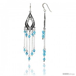 Sterling Silver Pear-shaped Dangle Chandelier Earrings w/ Aquamarine-colored Blue Crystals, 3 1/8" (79 mm) tall