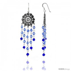 Sterling Silver Flower Dangle Chandelier Earrings w/ Blue Topaz & Blue Sapphire-colored Crystals, 2 13/16" (72 mm) tall