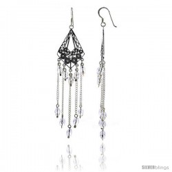 Sterling Silver Diamond-shaped Dangle Chandelier Earrings w/ Clear Crystals, 3 1/4" (83 mm) tall