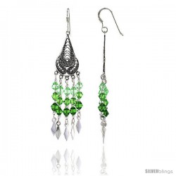 Sterling Silver Teardrop Dangle Chandelier Earrings w/ Peridot-colored Green Crystals, 2 1/4" (58 mm) tall