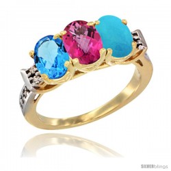 10K Yellow Gold Natural Swiss Blue Topaz, Pink Topaz & Turquoise Ring 3-Stone Oval 7x5 mm Diamond Accent