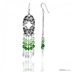 Sterling Silver Oval-shaped Dangle Chandelier Earrings w/ Peridot-colored Green Crystals, 2 5/8" (67 mm) tall