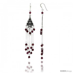 Sterling Silver Diamond-shaped Dangle Chandelier Earrings w/ Garnet-colored Crystals, 3 3/16" (81 mm) tall