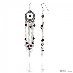 Sterling Silver Dangle Chandelier Earrings w/ Garnet-colored Crystals, 3 5/16" (85 mm) tall