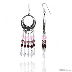 Sterling Silver Dangle Chandelier Earrings w/ Pink Tourmaline, Rose Pink & Garnet-colored Crystals, 2 3/8" (60 mm) tall