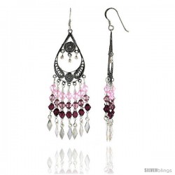 Sterling Silver Pear-shaped Dangle Chandelier Earrings w/ Pink Tourmaline, Rose Pink & Garnet-colored Crystals, 2 9/16" (65 mm)
