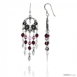 Sterling Silver Dangle Chandelier Earrings w/ Pink Tourmaline, Rose Pink & Garnet-colored Crystals, 2" (51 mm) tall