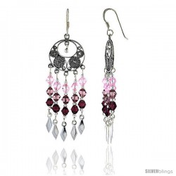 Sterling Silver Dangle Chandelier Earrings w/ Pink Tourmaline, Rose Pink & Garnet-colored Crystals, 2" (51 -Style Cce114