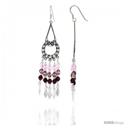 Sterling Silver Dangle Chandelier Earrings w/ Pink Tourmaline, Rose Pink & Garnet-colored Crystals, 2 1/2" (64 mm) tall