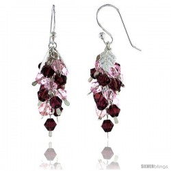 Sterling Silver Fish Hook Dangle Cluster Earrings w/ Pink Tourmaline & Garnet-colored Crystals, 1 3/16" (30 mm) tall