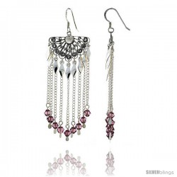 Sterling Silver Fan-shaped Dangle Chandelier Earrings w/ Rose Pink Crystals, 2 7/16" (62 mm) tall