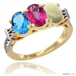 10K Yellow Gold Natural Swiss Blue Topaz, Pink Topaz & Opal Ring 3-Stone Oval 7x5 mm Diamond Accent