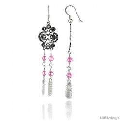 Sterling Silver Fish Hook Dangle Earrings w/ Pink Tourmaline-colored Crystals, 2 1/4" (57 mm) tall