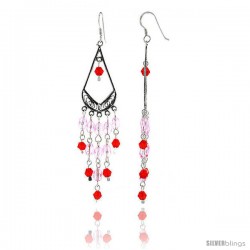 Sterling Silver Pear-shaped Dangle Chandelier Earrings w/ Pink and Red Crystals, 2 7/8" (73 mm) tall