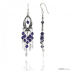 Sterling Silver Marquise-shaped Dangle Chandelier Earrings w/ Purple Amethyst-colored Crystals, 2 3/8" (60 mm) tall