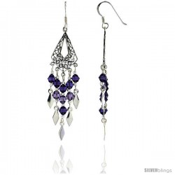 Sterling Silver Diamond-shaped Dangle Chandelier Earrings w/ Purple Amethyst-colored Crystals, 2 3/16" (56 mm) tall