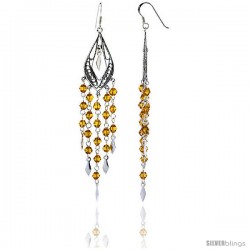 Sterling Silver Pear-shaped Dangle Chandelier Earrings w/ Yellow Citrine-colored Crystals, 3 3/8" (86 mm) tall