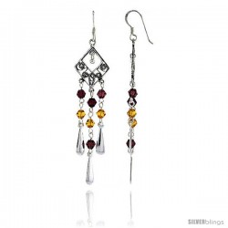 Sterling Silver Diamond-shaped Dangle Chandelier Earrings w/ Garnet-colored & Yellow Citrine-colored Crystals, 2 3/8" (60 mm)