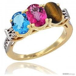 10K Yellow Gold Natural Swiss Blue Topaz, Pink Topaz & Tiger Eye Ring 3-Stone Oval 7x5 mm Diamond Accent