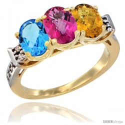 10K Yellow Gold Natural Swiss Blue Topaz, Pink Topaz & Whisky Quartz Ring 3-Stone Oval 7x5 mm Diamond Accent