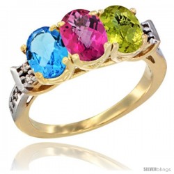 10K Yellow Gold Natural Swiss Blue Topaz, Pink Topaz & Lemon Quartz Ring 3-Stone Oval 7x5 mm Diamond Accent