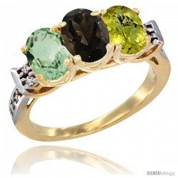 10K Yellow Gold Natural Green Amethyst, Smoky Topaz & Lemon Quartz Ring 3-Stone Oval 7x5 mm Diamond Accent