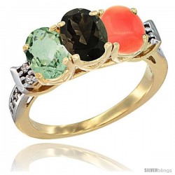 10K Yellow Gold Natural Green Amethyst, Smoky Topaz & Coral Ring 3-Stone Oval 7x5 mm Diamond Accent