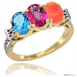 10K Yellow Gold Natural Swiss Blue Topaz, Pink Topaz & Coral Ring 3-Stone Oval 7x5 mm Diamond Accent