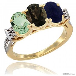 10K Yellow Gold Natural Green Amethyst, Smoky Topaz & Lapis Ring 3-Stone Oval 7x5 mm Diamond Accent