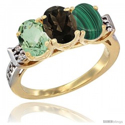 10K Yellow Gold Natural Green Amethyst, Smoky Topaz & Malachite Ring 3-Stone Oval 7x5 mm Diamond Accent