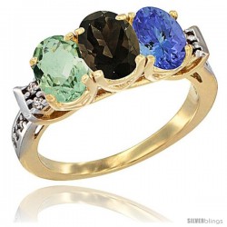 10K Yellow Gold Natural Green Amethyst, Smoky Topaz & Tanzanite Ring 3-Stone Oval 7x5 mm Diamond Accent