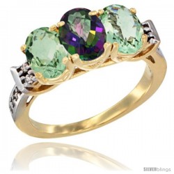 10K Yellow Gold Natural Mystic Topaz & Green Amethyst Sides Ring 3-Stone Oval 7x5 mm Diamond Accent