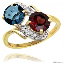 14k Gold ( 7 mm ) Double Stone Engagement London Blue Topaz & Garnet Ring w/ 0.05 Carat Brilliant Cut Diamonds & 2.34 Carats