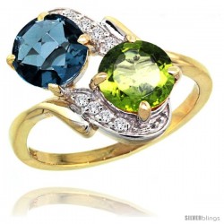 14k Gold ( 7 mm ) Double Stone Engagement London Blue Topaz & Peridot Ring w/ 0.05 Carat Brilliant Cut Diamonds & 2.34 Carats